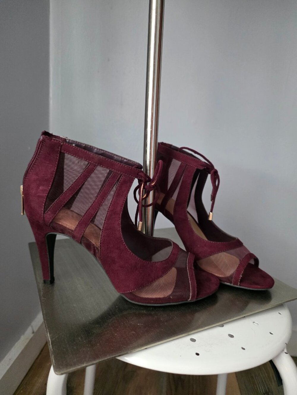 Burgundy Mesh Open-toed Heels